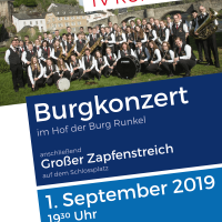 Plakat zum Burgkonzert am 1. September 2019 im Hof der Burg Runkel.