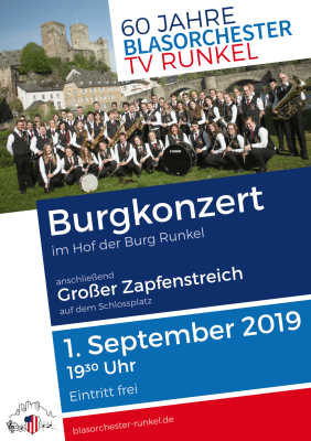 Plakat zum Burgkonzert am 1. September 2019 im Hof der Burg Runkel.