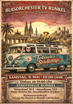 Plakat des Jahreskonzerts 2026 unter dem Motto „Tobischs Städtetrip“